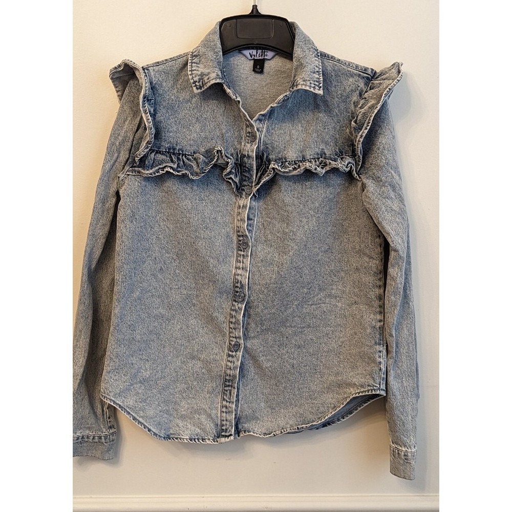 Denim Long Sleeve Shirt Acid Wash Button Down Ruffles Womens Size S 80s‎ 90s
